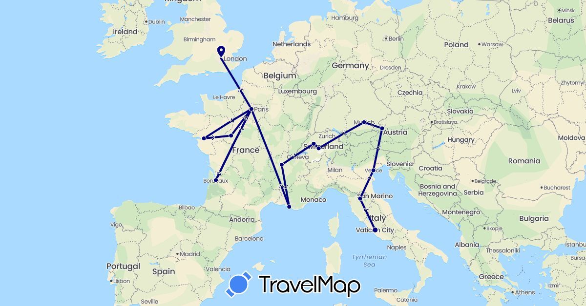 TravelMap itinerary: driving in Austria, Switzerland, Germany, France, United Kingdom, Italy (Europe)